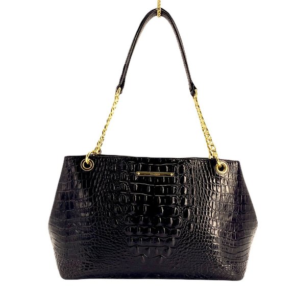 BRAHMIN BLACK CORINGTON TOTE w/ GOLD CHAIN STRAPS - Picture 2 of 12